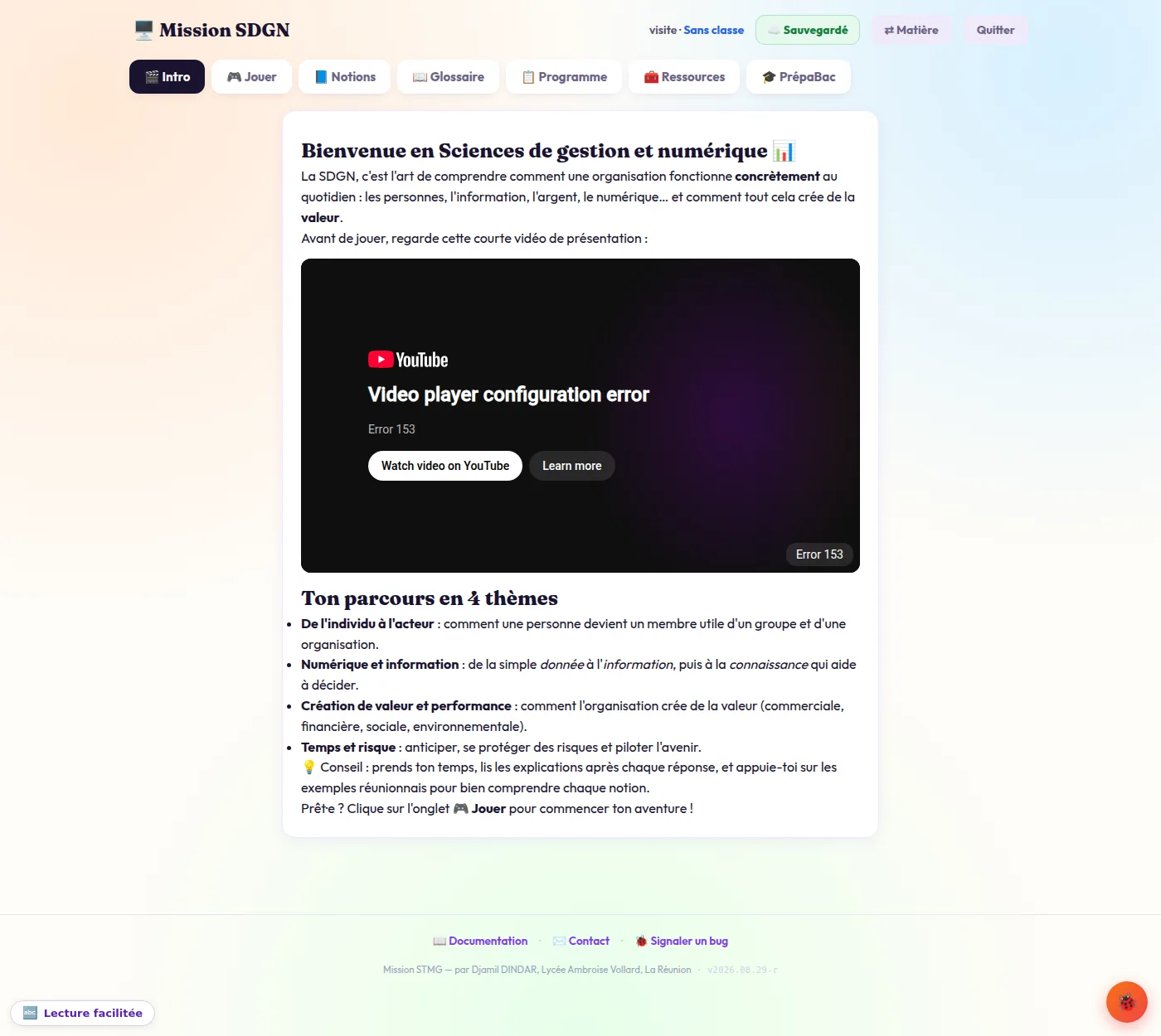 L'intérieur d'une matière : les thèmes et les activités disponibles.